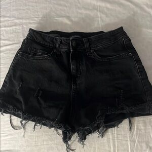 Black Jean Shorts with High Waist and Frayed Hem